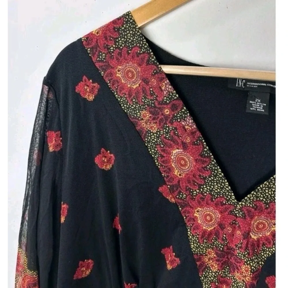 Vtg INC Babydoll Top Black Paisley Mesh Bell Sleeve Y2K Whimsigoth Fairy Boho 2X - Picture 6 of 12